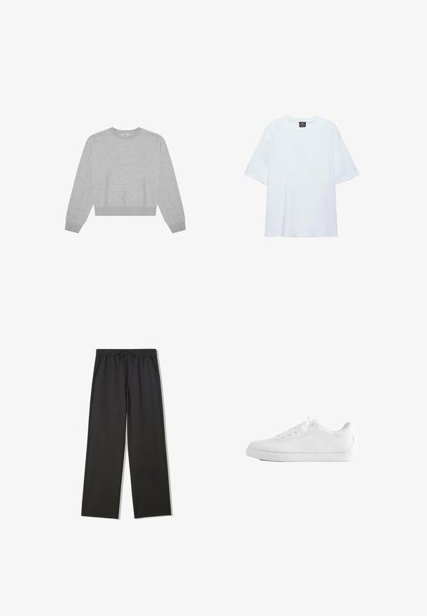 Grå cropped sweatshirt med lange ærmer, rund halsudskæring, ribbede manchetter og kant, lavet af blødt stof med en glat tekstur. Simple og alsidig design.; Hvid, oversized T-shirt med korte ærmer og rund halsudskæring, med en sort etiket inde i kraven på en hvid baggrund.; Sorte bukser med elastisk talje, snørebånd og sidelommer, med en afslappet pasform og lige ben.; Hvid lavtop sneakers med snørebånd, glat læderoverdel og flad gummiå sole set fra siden på en hvid baggrund.