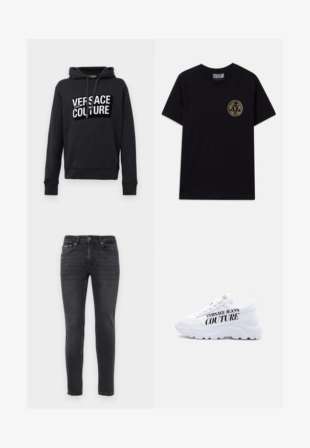 Zwarte hoodie van een katoenmengsel, met een groot logo aan de voorkant in witte en roze letters, een verstelbare capuchon met trekkoord en geribbelde manchetten.; Zwarte katoenen T-shirt met een ronde hals en korte mouwen. Heeft een gouden circulair logo op de linker borst. Eenvoudig, onopgesmukt ontwerp.; Slim-fit zwarte denim jeans met vijf zakken en een knoop- en ritssluiting, tentoongesteld tegen een effen witte achtergrond.; Witte chunky sneaker met dikke zool, veterdesign en "Versace Jeans Couture" in dikke zwarte letters aan de zijkant gedrukt.