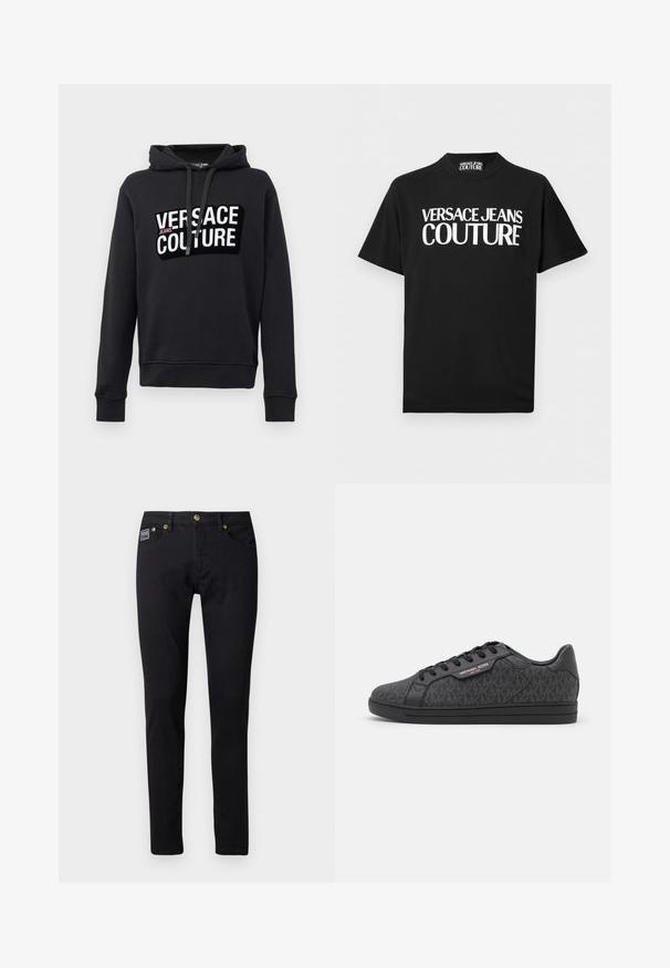 Zwarte hoodie van een katoenmengsel, met een groot logo aan de voorkant in witte en roze letters, een verstelbare capuchon met trekkoord en geribbelde manchetten.; Zwart T-shirt met korte mouwen en dikke witte tekst "VERSACE JEANS COUTURE" midden op de voorkant, met een bijpassend label aan de binnenkant van de kraag.; Zwarte denim jeans met een slim fit, voorzien van goudkleurige hardware, vijf zakken en een klein merkembleem op de rechterzak.; Zwarte sneakers met een textuur bovenwerk van stof met een subtiel MK-patroon, zwarte leren accenten en een zwarte rubberen zool.
