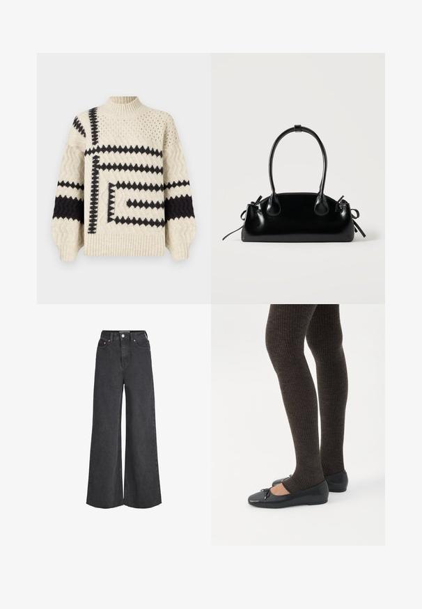 Crème en zwart gebreid truitje met hoge kraag, voorzien van geometrische patronen, gestructureerde strepen en geribbelde manchetten en zoom.; Zwarte high-waist jeans met wijde pijpen, sluiting aan de voorkant met knopen en rits, voorzakken en rafelige zoom.; Benen met donkere geribbelde leggings gecombineerd met zwarte ballerina's met kleine strikdetails op een witte achtergrond.; Kleine zwarte glanzende handtas met twee lange hengsels en zijkant trekkoord details op een effen lichte achtergrond.