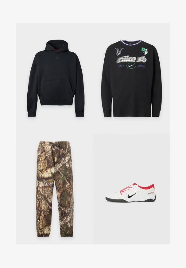 Sort hættetrøje med kangurulomme foran og lille Jumpman-logo på brystet, vist mod en ensfarvet baggrund.; Sort Nike SB langærmet skjorte med hvidt sløret logo, lilla "EST. 2002," en ørn grafik og et skjold med ikoner på brystet.; Camo sweatpants med et brunt og grønt naturligt mønster, der har en elastisk talje med snore og elastiske manchetter ved anklerne.; Hvide atletiske sko med røde accenter, sort Swoosh-logo og struktureret design. Har hvide snørebånd og en sort ydersål. Teksten læser "total90."