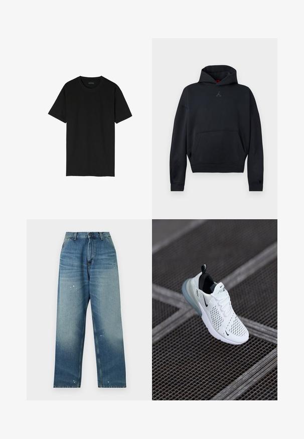 Sort hættetrøje med kangurulomme foran og lille Jumpman-logo på brystet, vist mod en ensfarvet baggrund.; Sort kortærmet t-shirt lavet af bomuld. Har en klassisk rund hals og et enkelt, udekoreret design.; Blå denimbukser med vide ben, forlommer, knaplukning, falmede detaljer og små hvide malingstænk på front og ben.; Hvide atletiske sneakers med perforeret mesh-overdel, sorte accenter, synlige snørebånd og en gennemsigtig luftdæmpningssål.