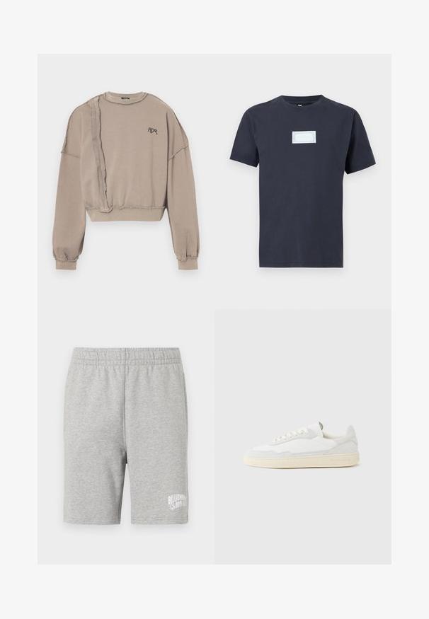 Sudadera beige recortada con bordes deshilachados, mangas oversized y logo negro "ADR" en el pecho. Textura de tela suave y ajuste relajado.; Camiseta de manga corta azul marino con una pequeña etiqueta rectangular blanca centrada en el pecho con texto decorativo tenue.; Pantalones cortos de algodón grises con una cinturilla elástica y un logo blanco en la parte inferior derecha. Textura suave, diseño a la altura de la rodilla.; Zapatilla blanca con parte superior texturizada de ante y cuero. Presenta una puntera redondeada, cierre con cordones y suela de goma beige contrastante.