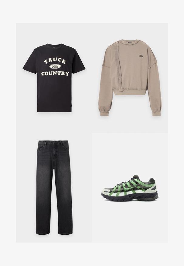 Beige abgeschnittener Sweatshirt mit ausgefransten Kanten, übergroßen Ärmeln und schwarzem Logo "ADR" auf der Brust. Weicher Stoff und lockere Passform.; Schwarzes Baumwoll-T-Shirt mit kurzen Ärmeln, das "TRUCK COUNTRY" in cremigem Text und einem Ford-Logo-Design auf der Vorderseite zeigt.; Dunkelgraue Denim-Jeans mit geradem Bein, ausgestattet mit einem Reißverschluss, fünf Taschen und subtilen Verblassungen auf dem Stoff.; Schwarz-weißer Laufschuh mit grünen Akzenten, Mesh-Obermaterial und dicker schwarzer Sohle, seitlich auf weißem Hintergrund dargestellt.