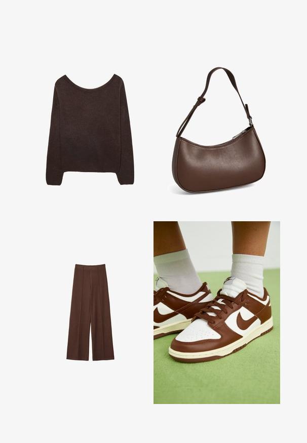 Brun strikket sweater med off-shoulder halsudskæring, lange ærmer og ribbede manchetter. Blød tekstur med en glat overflade.; Brune bredbenede bukser lavet af blødt stof, med høj talje, vertikale sømdetaljer og en glat overflade.; Brune og hvide lædersneakers med perforeret tå, strukturerede detaljer og flade snørebånd. Modellen har et lavt design og gummisål.; Lille brun skuldertaske i læder med justerbar rem og lynlåslukning, vist mod hvid baggrund. Ingen synligt branding eller dekorationer.