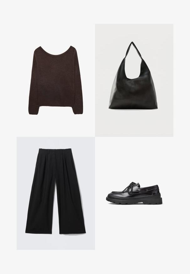 Brun strikket sweater med off-shoulder halsudskæring, lange ærmer og ribbede manchetter. Blød tekstur med en glat overflade.; Sortte bukser med vidde i benene, frontplisseringer, bæltestropper og skjult lukning foran, lagt fladt på en lys baggrund.; Sorte læder bådsko med rund tå, snørebåndsdesign, syninger og en kraftig gummisål med et tekstureret grebmønster.; Sort skuldertaske i glat læder med en bred, enkelt strop og et afslappet, minimalistisk design mod en ensfarvet baggrund.