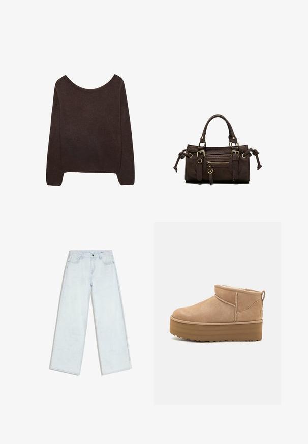 Brun strikket sweater med off-shoulder halsudskæring, lange ærmer og ribbede manchetter. Blød tekstur med en glat overflade.; Lyseblå vidde-jeans med forreste knap og lynlås, bæltestropper og fem-lomme design, lagt fladt på hvid baggrund.; Beige ruskinds ankelstøvler med et blødt indre, der har en platformssål og en strop bagpå for nem påtagning. Tekstureret gummisål.; Mørkebrun læderhåndtaske med dobbelte håndtag, forreste lynlåslomme, dekorative spænder og sideknuder på hvid baggrund.