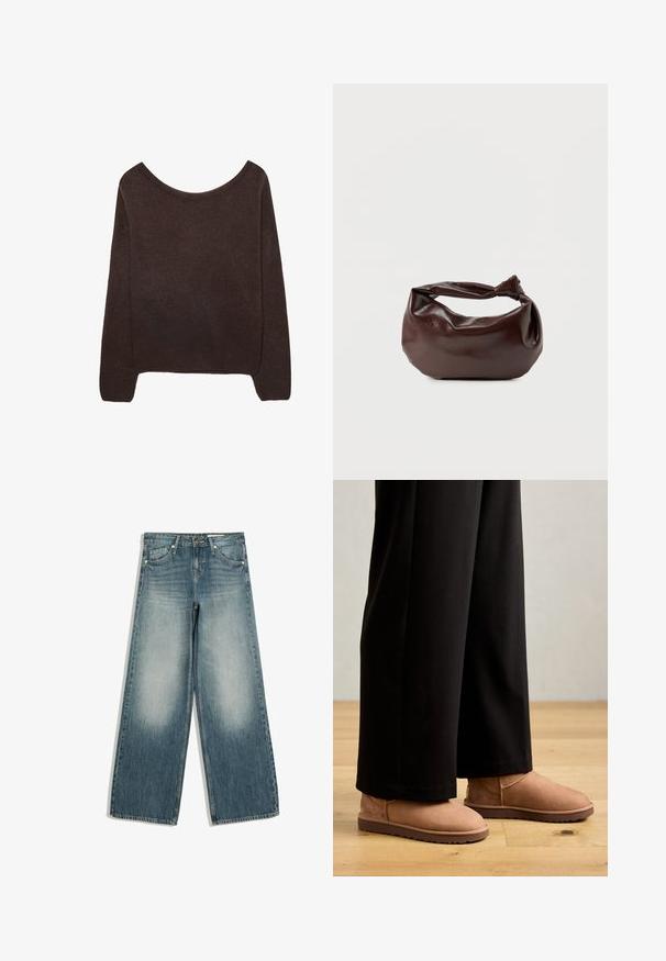 Brun strikket sweater med off-shoulder halsudskæring, lange ærmer og ribbede manchetter. Blød tekstur med en glat overflade.; Blå jeans med vide ben, med falmede områder på forreste lår, forlommer, bæltestropper og knaplukning.; Brune ruskinds ankelstøvler med flad gummisål, rund tå og minimal syning, båret med sorte brede bukser på et trægulv.; Mørkebrun læder skuldertaske med en blød, afslappet form og et snoet knudehåndtag på en ensartet hvid baggrund.