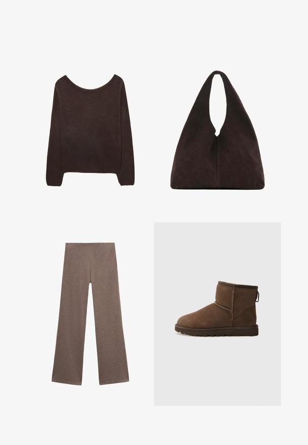 Brun strikket sweater med off-shoulder halsudskæring, lange ærmer og ribbede manchetter. Blød tekstur med en glat overflade.; Brune brede bukser lavet af blødt, tekstureret stof. Designet har en høj talje og en løs pasform, perfekt til afslappet brug.; UGG CLASSIC MINI II - Vinterstøvler - dusted cocoa; Blød mørkebrun trekantet skuldertaske med ét bredt håndtag øverst og en glat overfladestruktur.