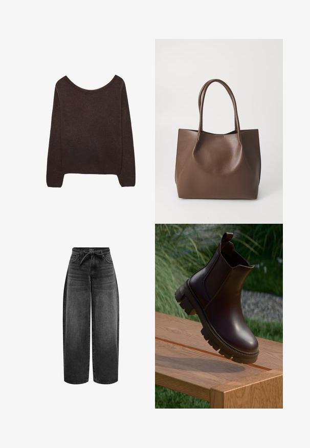 Brun strikket sweater med off-shoulder halsudskæring, lange ærmer og ribbede manchetter. Blød tekstur med en glat overflade.; ONLY Straight fit ONLGIANNA Mid waist Balloon - Jeans Straight Leg - washed black; Mørkebrune læderankelstøvler med kraftig sål, der hviler på kanten af en træbænk udendørs, med græs og planter i baggrunden.; Brun læder tote taske med to lange håndtag, struktureret form, glat tekstur og minimalistisk design. Ingen synligt hardware eller accenter.