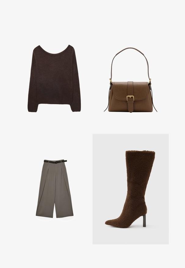 Brun strikket sweater med off-shoulder halsudskæring, lange ærmer og ribbede manchetter. Blød tekstur med en glat overflade.; Bred-læggede grå bukser med frontfolder og et sort bælte, vist fladt på en hvid baggrund.; Brun støvle med hæl i et tekstureret, blødt materiale. Har spids tå og en smal, firkantet hæl. Vertikalt design med høj skaft.; Brun skuldertaske i læder med frontklaffelukning og guldlås, med justerbar rem med gulddetaljer på hvid baggrund.