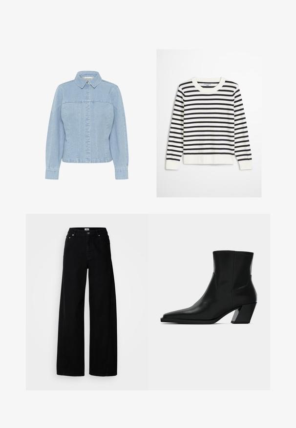 Sort-hvid stribet pullover, der har rund ribhals og ribkanter ved ærmerne, lavet af blødt stof med en afslappet pasform.; Lyseblå denimjakke med spidse kraver, frontknaplukning, lange ærmer og lodrette sømdetaljer. Glat tekstur.; Bredde ben sorte denim jeans med knaplukning, fem lommer og en ren finish. Fremstillet af tekstureret stof for holdbarhed.; Sortlæder ankelstøvle med spids tå, en slank silhuet og en kraftig firkantet hæl. Glat tekstur med minimale stikninger.