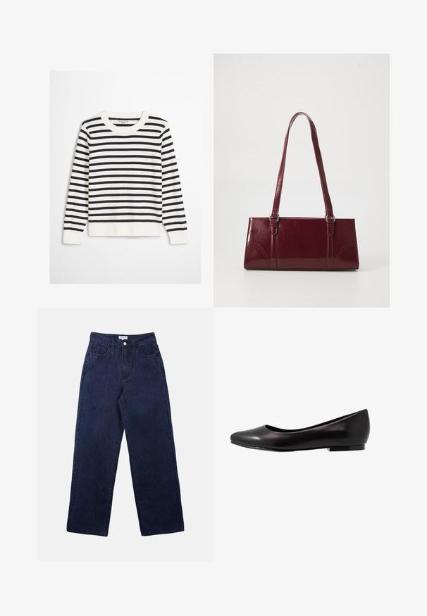 Pull-over à rayures noires et blanches, doté d'un col rond côtelé et de poignets côtelets, confectionné dans un tissu doux avec une coupe décontractée.; Pantalons en denim bleu foncé avec une coupe droite, dotés d'une fermeture à bouton à l'avant, de passants de ceinture et de deux poches avant.; Ballerine noire en cuir verni avec un bout arrondi et une semelle basse et plate. Sa texture est lisse avec un design simple et épuré.; Sac à main bordeaux en matériau brillant, de forme rectangulaire, avec deux anses et des accents légèrement courbés à l'avant.