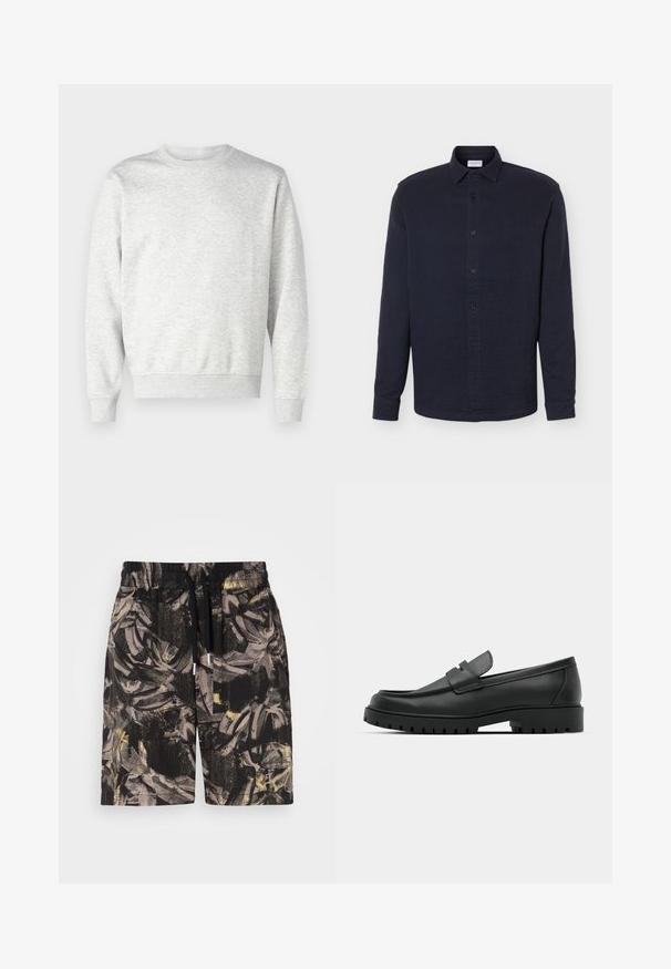 Grå sweatshirt lavet af blødt stof. Har rund hals, lange ærmer, ribbet manchetter og ribbet nederkant. Enkel, udekoreret design.; Navyblå langærmet skjorte med knapper og krave, tekstureret stof og standard manchetter, vist på en ensfarvet hvid baggrund.; Sorte shorts med et iøjnefaldende, abstrakt bladmønster i grå og gule nuancer. Har en elastisk talje og snor til justerbar pasform.; Sorte læder loafers med rund tå, der har et syet design, lav platformssål og en struktureret, skridsikker gummisål.