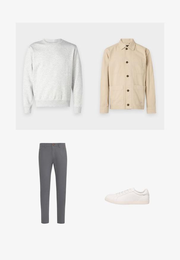 Grå sweatshirt lavet af blødt stof. Har rund hals, lange ærmer, ribbet manchetter og ribbet nederkant. Enkel, udekoreret design.; Lysebeige arbejdsjakke, bomuldsstof, med knapper foran, spids krave, to brystlommer, to nederste lommer, brune knapper, syningsdetaljer.; Grå bomuldsbukser med et tætsiddende design, der har en knaplukning, standardlommer og en glat tekstur.; Hvid lavt sneakersko med snørelukning og flad sål, vist i sideprofil på hvid baggrund.