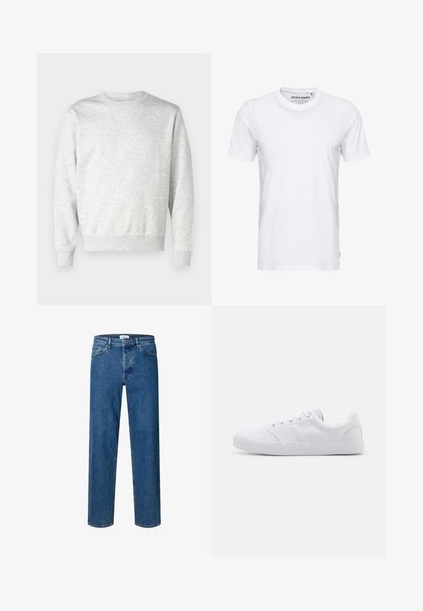 Grauer Pullover aus weichem Stoff. Mit Rundhalsausschnitt, langen Ärmeln, gerippten Bündchen und gerippetem Saum. Einfaches, ungeschmücktes Design.; Weißes T-Shirt mit kurzen Ärmeln aus Baumwolle, mit Rundhalsausschnitt und einem schlichten Design. Markentag im Nackenbereich sichtbar. Keine Muster oder Verzierungen.; Blaue Jeans mit geradem Bein, Knopf- und Reißverschluss, Gürtelschlaufen und Fünf-Taschen-Design.; Weiße Leinenschuhe mit Gummisohle, ausgestattet mit sechs Ösen, einer strukturierten Zehenkappe und minimalistischer Gestaltung.