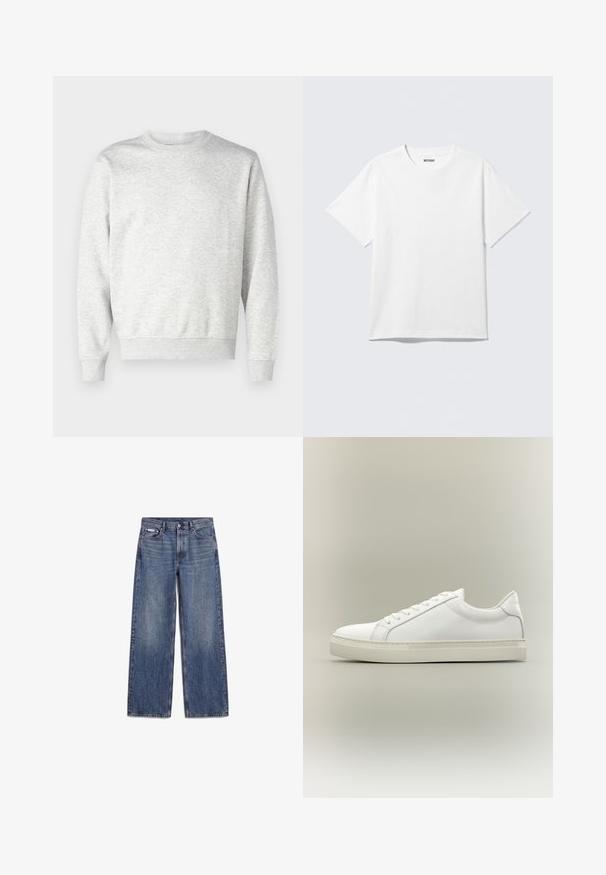 Sudadera gris hecha de una tela suave. Presenta un cuello redondo, mangas largas, puños acanalados y un dobladillo acanalado. Diseño simple y sin adornos.; Camiseta blanca de manga corta con cuello redondo, colocada plana, diseño liso, con etiqueta "WEEKDAY" en el interior del cuello sobre un fondo claro.; Vaqueros de mezclilla azul de corte recto, con bolsillos delanteros, trabillas para cinturón y cierre de botones, colocados planos sobre un fondo blanco.; Zapatilla blanca de perfil bajo con cordones en la parte delantera y suela gruesa, mostrada de lado sobre un fondo neutro.