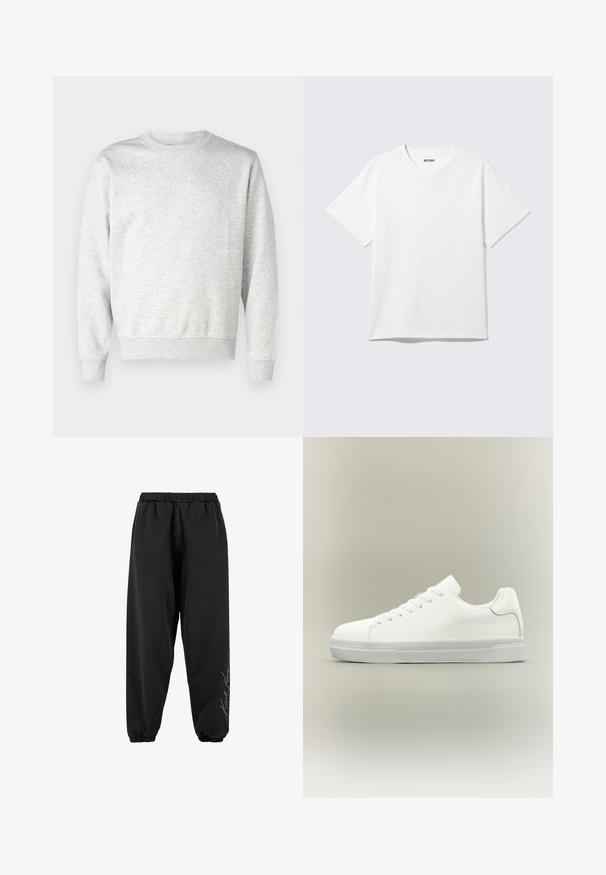 Grå sweatshirt lavet af blødt stof. Har rund hals, lange ærmer, ribbet manchetter og ribbet nederkant. Enkel, udekoreret design.; Hvid kortærmet crewneck T-shirt lagt fladt ud, ensfarvet design, med "WEEKDAY" mærkat inde i kraven på en lys baggrund.; Sorte sweatpants lavet af blødt stof med elastisk talje. Taperede ankler og trykt tekstdetalje på den ene side. Casual, afslappet pasform.; Hvid lavtop sneaker med snørelukning foran, polstret krave og tekstureret gummisål, vist i sidelayout på neutral baggrund.