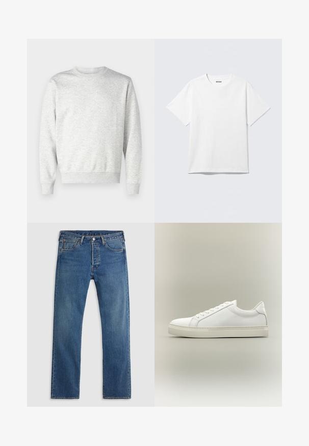 Grauer Pullover aus weichem Stoff. Mit Rundhalsausschnitt, langen Ärmeln, gerippten Bündchen und gerippetem Saum. Einfaches, ungeschmücktes Design.; Weißes T-Shirt mit kurzen Ärmeln und Rundhalsausschnitt, flach liegend, schlichtes Design, mit „WEEKDAY“-Etikett innen im Kragen auf hellem Hintergrund.; Blaue geradlinige Jeans aus Denim mit fünf Taschen, Gürtelschlaufen sowie einem Verschluss mit Knopf und Reißverschluss auf einem schlichten Hintergrund.; Weißer Sneaker mit niedrigem Schaft, vorn mit Schnürung und dicker Sohle, aus der Seitenansicht vor neutralem Hintergrund.