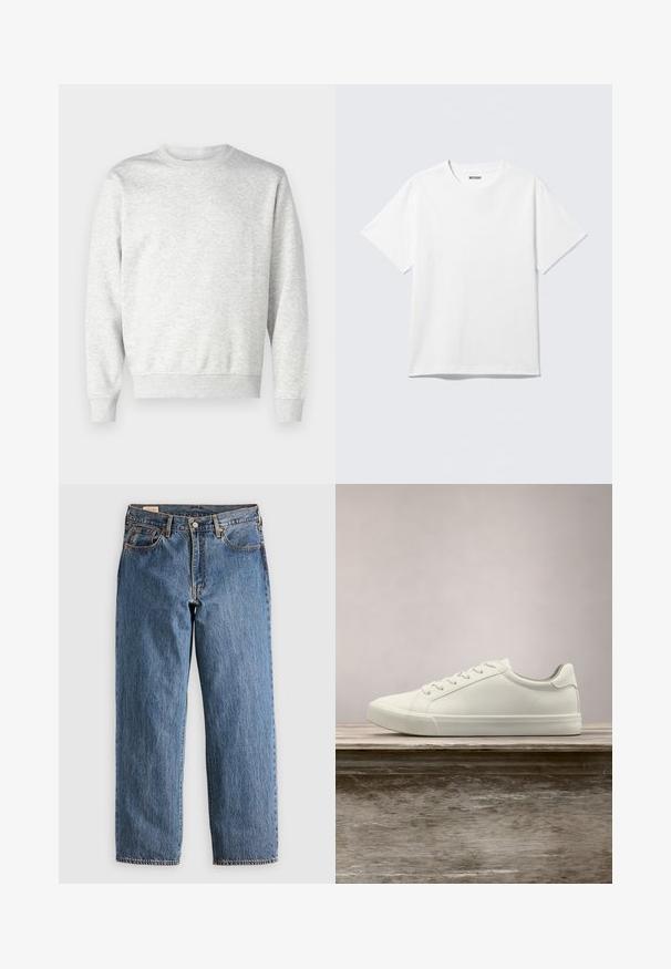 Grauer Pullover aus weichem Stoff. Mit Rundhalsausschnitt, langen Ärmeln, gerippten Bündchen und gerippetem Saum. Einfaches, ungeschmücktes Design.; Weißes T-Shirt mit kurzen Ärmeln und Rundhalsausschnitt, flach liegend, schlichtes Design, mit „WEEKDAY“-Etikett innen im Kragen auf hellem Hintergrund.; Blaue Jeans aus Denim mit geradem Schnitt, hohem Bund, kupfernen Nieten und orangefarbener Naht. Mit Vorder- und Hintertaschen.; Weiße Schnürsneaker, die über einer Holzbank mit grünem Laub im Hintergrund schweben und das Schuhdesign sowie die Textur zeigen.