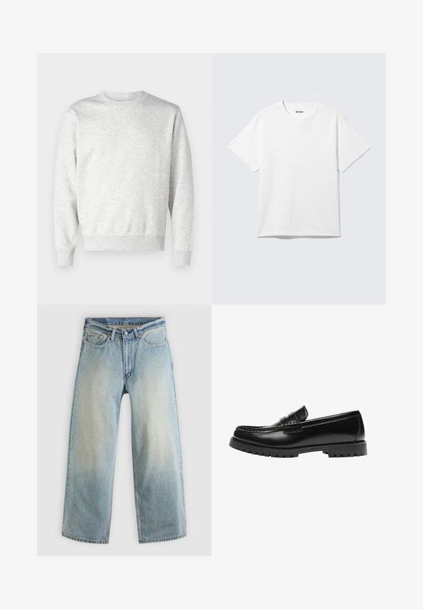 Sweatshirt gris en tissu doux. Présente un col rond, des manches longues, des poignets côtelés et un ourlet côtelé. Design simple et sans ornement.; T-shirt blanc à manches courtes et col rond, étalé à plat, design uni, avec l'étiquette "WEEKDAY" à l'intérieur du col sur un fond clair.; Jean denim bleu clair à jambes larges avec une finition délavée. Comprend un design standard à cinq poches et une fermeture à bouton métallique.; Mocassin en cuir noir avec une semelle en caoutchouc épaisse et un détail classique de bride à monnaie, vu de côté extérieur.
