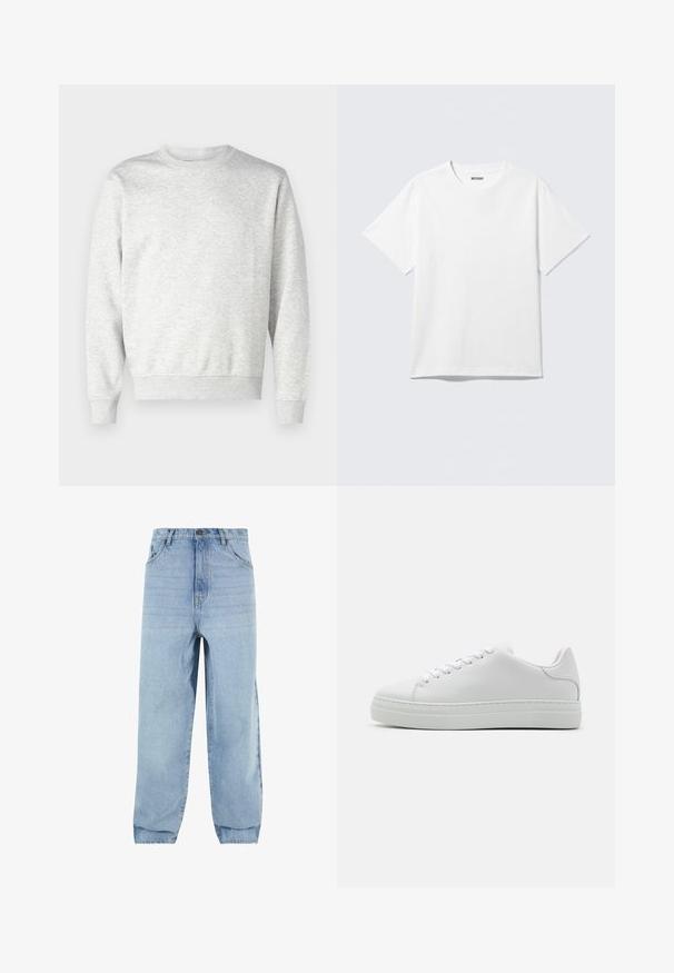 Grauer Pullover aus weichem Stoff. Mit Rundhalsausschnitt, langen Ärmeln, gerippten Bündchen und gerippetem Saum. Einfaches, ungeschmücktes Design.; Weißes T-Shirt mit kurzen Ärmeln und Rundhalsausschnitt, flach liegend, schlichtes Design, mit „WEEKDAY“-Etikett innen im Kragen auf hellem Hintergrund.; Helles, blaues Denim-Jeans mit lockerer Passform, hoher Taille und fünf Taschen. Mit Gürtelschlaufen und Knopfverschluss. Glatte Textur.; Weiße Ledersneaker mit einer klobigen Plattformsohle, runder Zehenpartie und sechs Ösen. Glatte Textur mit subtilen Stichdetails.