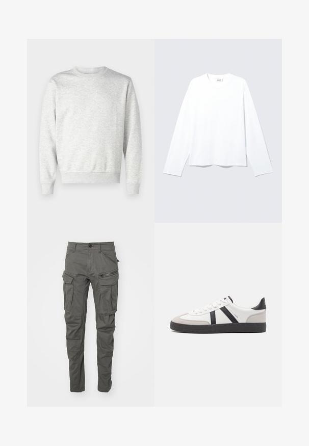 Sudadera gris hecha de una tela suave. Presenta un cuello redondo, mangas largas, puños acanalados y un dobladillo acanalado. Diseño simple y sin adornos.; Camiseta blanca lisa de manga larga con cuello redondo, corte holgado y etiqueta de la marca visible en el cuello, colocada plana sobre un fondo claro.; Pantalones cargo grises hechos de tejido duradero, que cuentan con múltiples bolsillos, detalles con cremallera, cierre botón y un diseño de pierna ajustada.; Zapatilla blanca con acentos en negro y gris, que presenta una puntera texturizada en gris, suela de goma negra y cordones planos blancos. Diseño limpio, estilo minimalista.