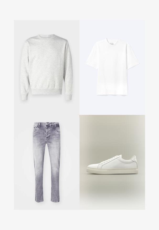 Grauer Pullover aus weichem Stoff. Mit Rundhalsausschnitt, langen Ärmeln, gerippten Bündchen und gerippetem Saum. Einfaches, ungeschmücktes Design.; Schlichtes weißes T-Shirt mit kurzen Ärmeln und Rundhalsausschnitt in entspannter Passform, auf hellem Hintergrund dargestellt.; Graue Denim-Jeans mit einem verblassten Finish, fünf Taschen-Design und geradem Schnitt. Mit einem regulären Knopf- und Reißverschluss.; Weißer Sneaker mit niedrigem Schaft, vorn mit Schnürung und dicker Sohle, aus der Seitenansicht vor neutralem Hintergrund.