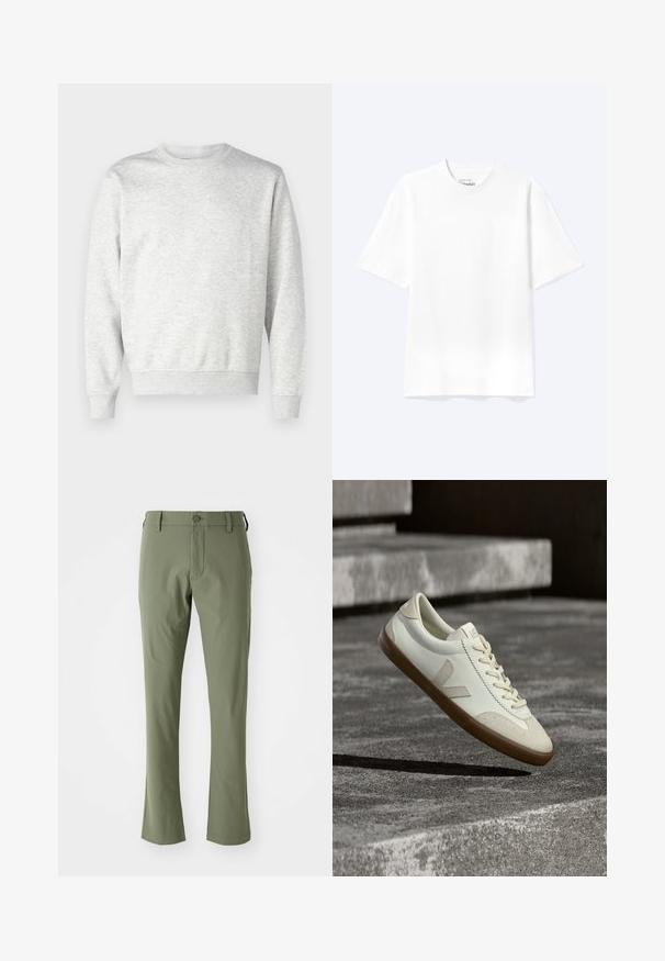 Grå sweatshirt lavet af blødt stof. Har rund hals, lange ærmer, ribbet manchetter og ribbet nederkant. Enkel, udekoreret design.; Enkel hvid T-shirt med korte ærmer og rund hals med afslappet pasform, vist på en lys baggrund.; Grønne skræddersyede bukser med slim fit, lavet af glat stof. Har en frontlynlås, knaplukning og lige sømme.; Hvide læder sneakers med tanfarvet gummisål, flade snørebånd og V-formet detalje på siden. Har en glat overflade og minimale syninger.