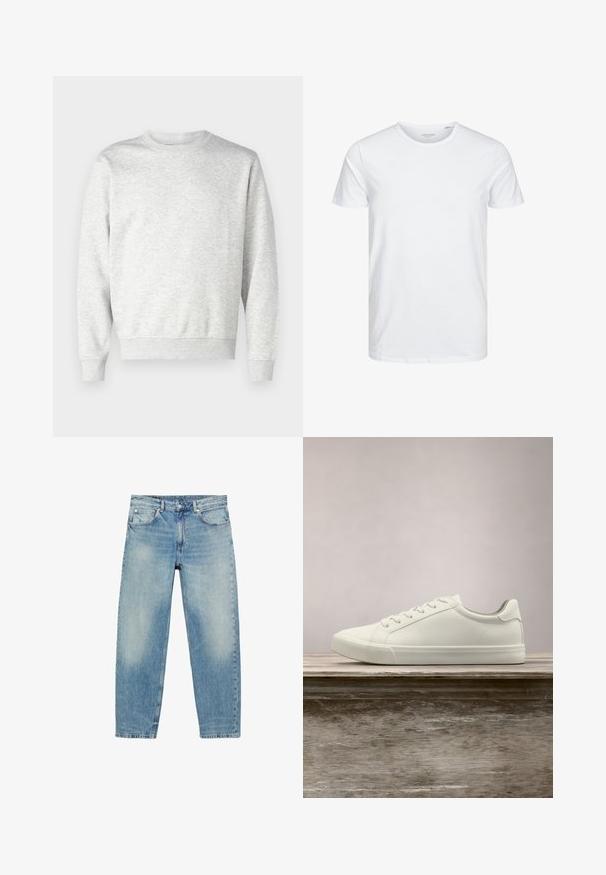 Sweatshirt gris en tissu doux. Présente un col rond, des manches longues, des poignets côtelés et un ourlet côtelé. Design simple et sans ornement.; T-shirt à col rond à manches courtes de couleur blanche unie, fabriqué en coton doux, avec un design simple sans motifs ni accents visibles.; Jean droit en denim bleu avec poches avant et passants de ceinture, présentant des détails légèrement décolorés sur les cuisses et les genoux.; Sneaker en dentelle blanche flottant au-dessus d'un banc en bois avec un feuillage vert en arrière-plan, mettant en valeur le design et la texture de la chaussure.