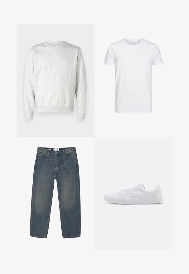 Grå sweatshirt lavet af blødt stof. Har rund hals, lange ærmer, ribbet manchetter og ribbet nederkant. Enkel, udekoreret design.; Rundhals kortærmet t-shirt i ensfarvet hvid, lavet af blød bomuld, har et simpelt design uden synlige mønstre eller detaljer.; Blå denimjeans med en løs pasform, der har et klassisk fem-lomme design og minimal falming. Inkluderer en knaplukning og bæltestropper.; Hvide lærreds sneakers med gummisål, der har seks snørehuller, en struktureret tåkap og et minimalistisk design.