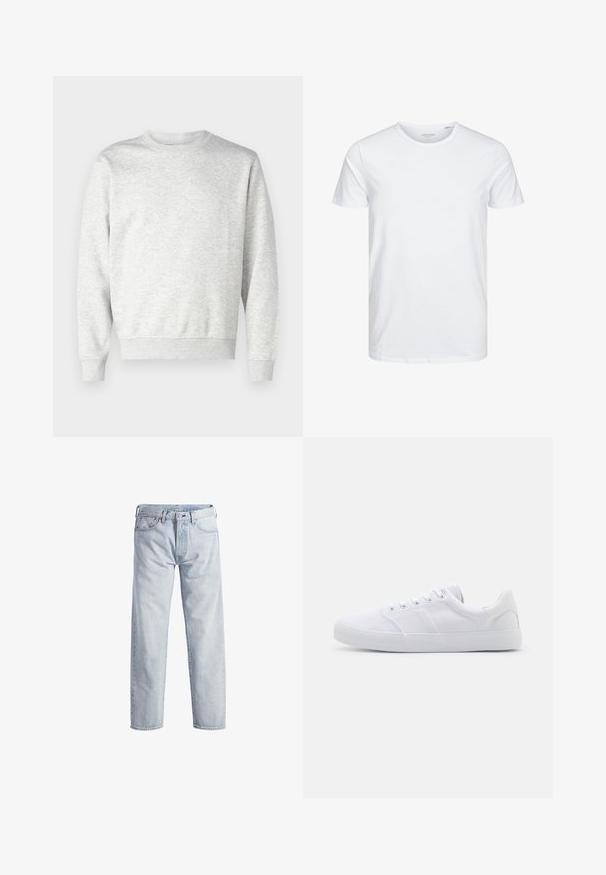 Grauer Pullover aus weichem Stoff. Mit Rundhalsausschnitt, langen Ärmeln, gerippten Bündchen und gerippetem Saum. Einfaches, ungeschmücktes Design.; Rundhals-T-Shirt mit kurzen Ärmeln in reinem Weiß, aus weicher Baumwolle, mit einem schlichten Design ohne sichtbare Muster oder Akzente.; Hellblaue Denim-Jeans mit geradem Bein, Knopfleiste, fünf Taschen und subtilen Verwaschungen. Mit metallischen Hardware-Details ausgestattet.; Weiße Leinenschuhe mit Gummisohle, ausgestattet mit sechs Ösen, einer strukturierten Zehenkappe und minimalistischer Gestaltung.