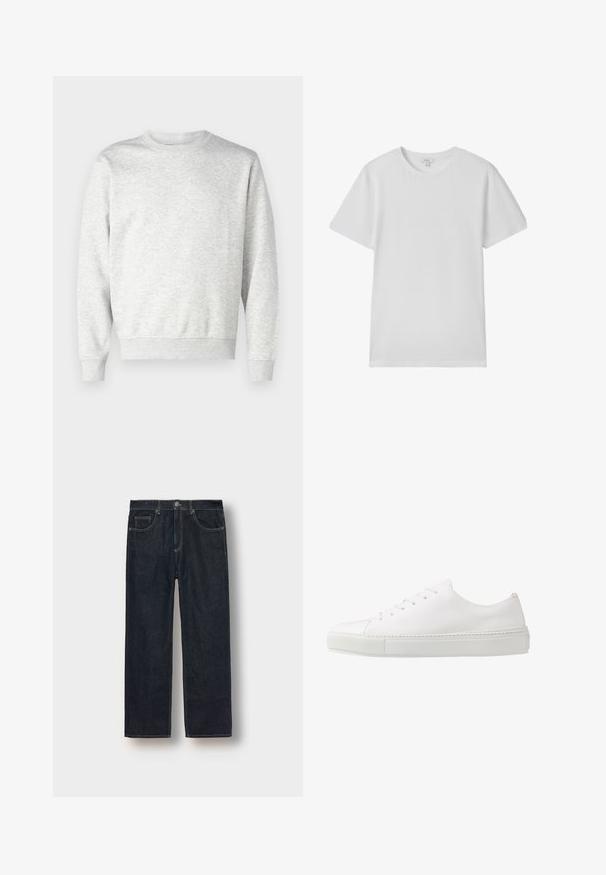 Grauer Pullover aus weichem Stoff. Mit Rundhalsausschnitt, langen Ärmeln, gerippten Bündchen und gerippetem Saum. Einfaches, ungeschmücktes Design.; Schlichtes weißes T-Shirt mit kurzen Ärmeln und Rundhalsausschnitt aus weichem Baumwollstoff, flach auf einem weißen Hintergrund liegend dargestellt.; Dunkelblaue gerade geschnittene Jeans aus Denim-Stoff, mit Gürtelschlaufen, vorderen Taschen und kontrastierenden Nähten. Minimalistisches Design ohne Verzierungen.; Weiße Leder-Sneaker mit glatter Oberfläche, abgerundeter Zehenpartie und sechs Ösen für die Schnürsenkel. Verfügt über eine strukturierte Gummisohle und ein minimalistisches Design.