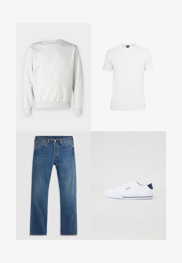 Sudadera gris hecha de una tela suave. Presenta un cuello redondo, mangas largas, puños acanalados y un dobladillo acanalado. Diseño simple y sin adornos.; Camiseta blanca de manga corta, fabricada en algodón, con un cuello redondo y una textura suave, diseñada para el uso casual.; Vaqueros de mezclilla azul de pierna recta con cinco bolsillos, presillas para el cinturón y un cierre frontal con botón y cremallera sobre un fondo liso.; Zapatillas de lona blancas con un acento en el talón en color navy, suela de goma plana, punta redonda y cordones blancos. Presenta un logo en el costado.