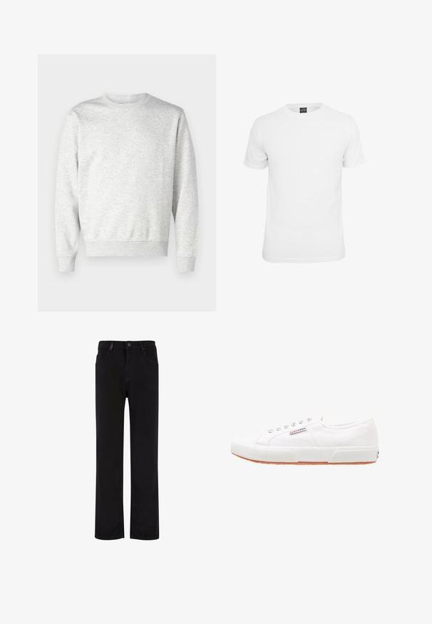 Grå sweatshirt lavet af blødt stof. Har rund hals, lange ærmer, ribbet manchetter og ribbet nederkant. Enkel, udekoreret design.; Hvid kortærmet t-shirt, lavet af bomuld, med en klassisk rund hals og en glat tekstur, designet til afslappet brug.; Sorte denimbukser med lige ben design, der har en knaplukning, bælteløjfer og forlommer. Glat tekstur og ensartet farve.; Hvide kanvas sneakers med gummisål, snørebåndsdesign og et lille logo mærke på siden. Tekstureret hvid overdel og brun ydersål.