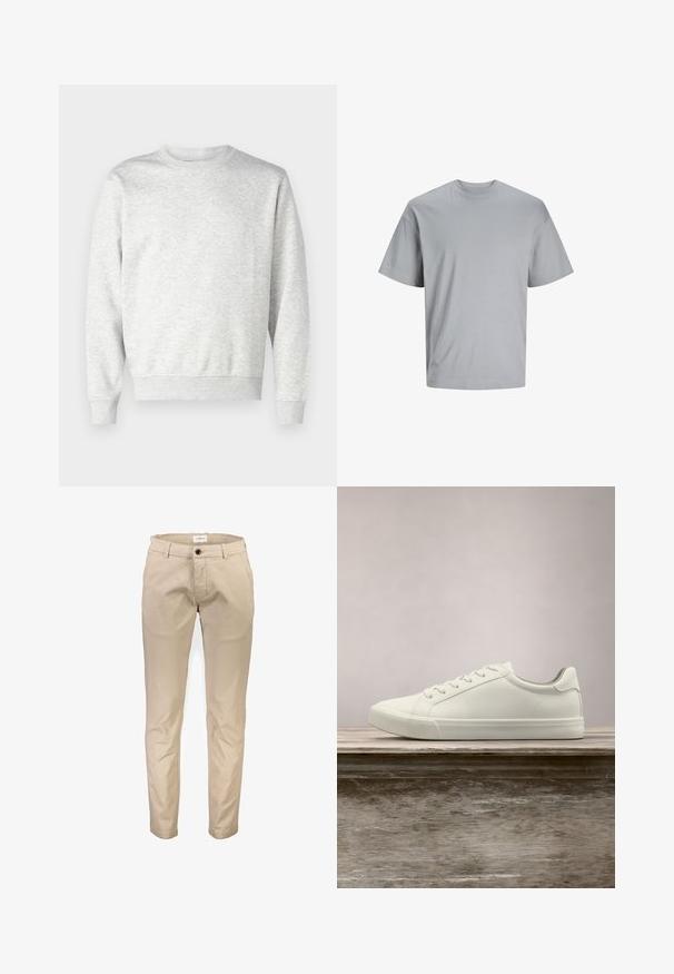 Grijze sweatshirt gemaakt van zachte stof. Heeft een ronde hals, lange mouwen, geribbelde manchetten en een geribbelde zoom. Eenvoudig, onopgesmukt ontwerp.; Lichtgrijs t-shirt met korte mouwen, gemaakt van soepel katoen, met een ronde hals en een relaxed pasvorm zonder zichtbare patronen of logo's.; Beige katoenen broek met een rechte pijp, voorzien van voorzakken, een ritssluiting en een enkele knoopsluiting. Gladde textuur, zonder patronen.; Witte vetersneaker die boven een houten bank zweeft met groene bladeren op de achtergrond, waarbij het ontwerp en de textuur van de schoen worden getoond.