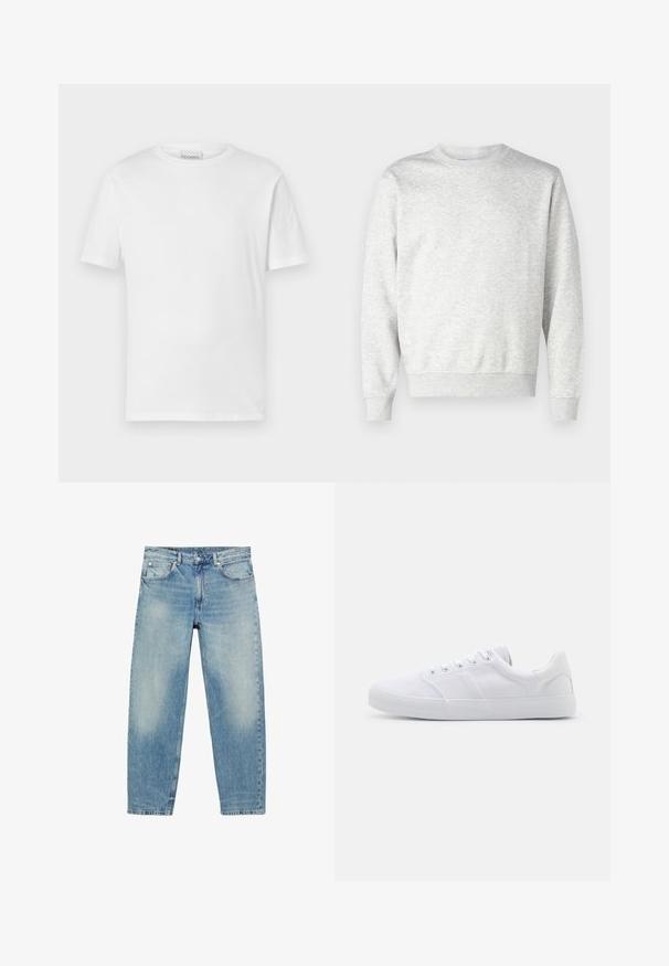 Sweatshirt gris en tissu doux. Présente un col rond, des manches longues, des poignets côtelés et un ourlet côtelé. Design simple et sans ornement.; T-shirt blanc à manches courtes en coton. Présente un col rond et un ourlet droit. Sans motifs ni embellissements. Design simple.; Jean droit en denim bleu avec poches avant et passants de ceinture, présentant des détails légèrement décolorés sur les cuisses et les genoux.; Baskets en toile blanches avec une semelle en caoutchouc, dotées de six œillets, d'un embout texturé et d'un design minimaliste.
