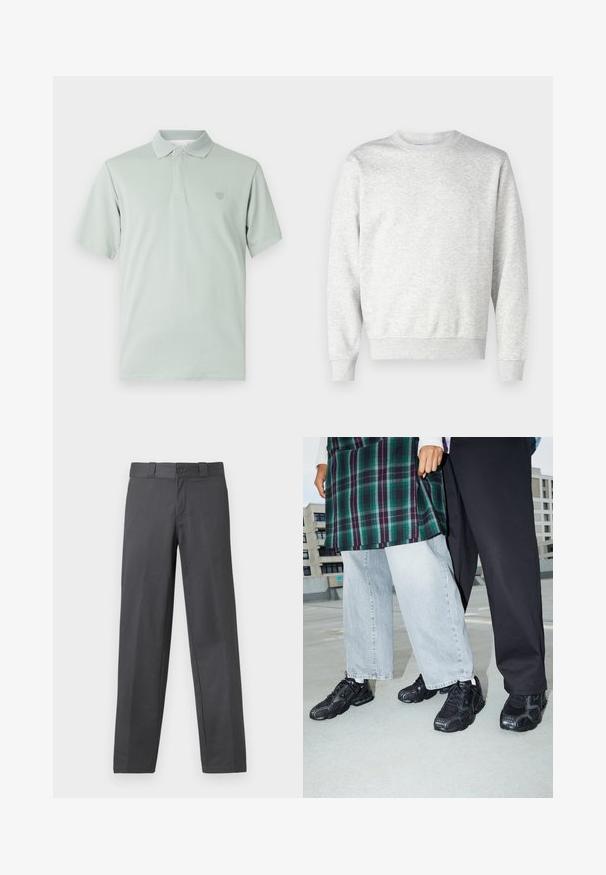 Sudadera gris hecha de una tela suave. Presenta un cuello redondo, mangas largas, puños acanalados y un dobladillo acanalado. Diseño simple y sin adornos.; Camiseta polo verde claro con cuello texturizado, mangas cortas y emblema bordado en el lado izquierdo del pecho. Acabado de tela suave.; Pantalones grises confeccionados en una tela suave, con un diseño de pierna recta, cierre de botón y trabillas para cinturón; costuras mínimas y sin patrones.; Zapatillas deportivas negras con acentos de malla y goma. Combinadas con jeans de pierna ancha de color gris claro y una blusa de cuadros verdes. Fondo de superficie plana.