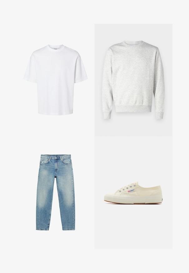 Grå sweatshirt lavet af blødt stof. Har rund hals, lange ærmer, ribbet manchetter og ribbet nederkant. Enkel, udekoreret design.; Enkelt hvid t-shirt med korte ærmer og rund hals med afslappet pasform, vist på en ensfarvet baggrund.; Blå straight-leg denim jeans med forlommer og bæltestropper, der viser let falmede detaljer på lår og knæ.; Beige lærredssneaker med et lavprofildesign, metaløjet og gummisål. Har et tekstureret mønster og logodetalje på siden.