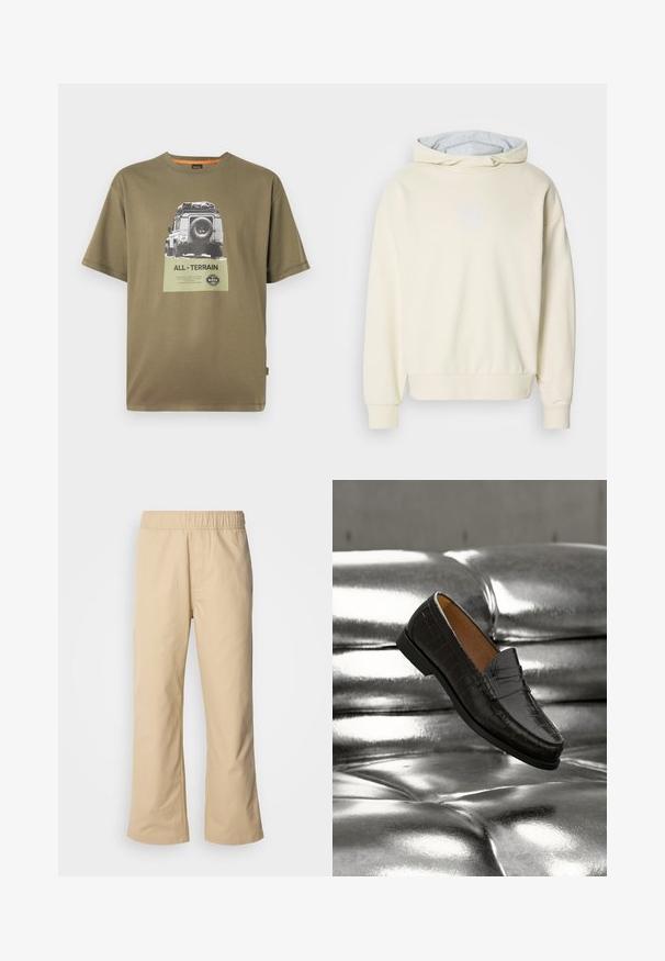 Cremefarvet hoodie med en blød tekstur, der har en grå indvendig foring, drop-skuldrer og et subtilt logo på brystet.; Grøn bomulds T-shirt med korte ærmer, der har et grafisk tryk af et køretøj og teksten "ALL-TERRAIN" på et firkantet mærke.; Beige vidde bukser med elastisk talje, lavet af glat bomuldsstof, med sidelommer og en lige silhuet.; Sort lædersko med krokodillemønster, svævende over en skinnende sølvfarvet sofa med knapper, der fremhæver skoens detaljer og tekstur i nærbillede.