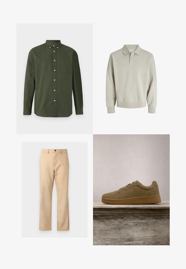 Lys beige polo sweatshirt med en blød tekstur, klassisk krave, treknaps lukning samt ribbede mansjetter og søm.; Mørkegrøn skjorte med knap i front, lange ærmer, krave, enkelt brystlomme og hvide knapdetaljer; lavet af et letvægtigt stof.; Beige bukser med lige ben, bæltestropper, frontknap, lynlås og sidelommer.; Olivengrøn sneaker med snørebånd, der svæver over en træbænk, med sløret grønt løv i baggrunden.