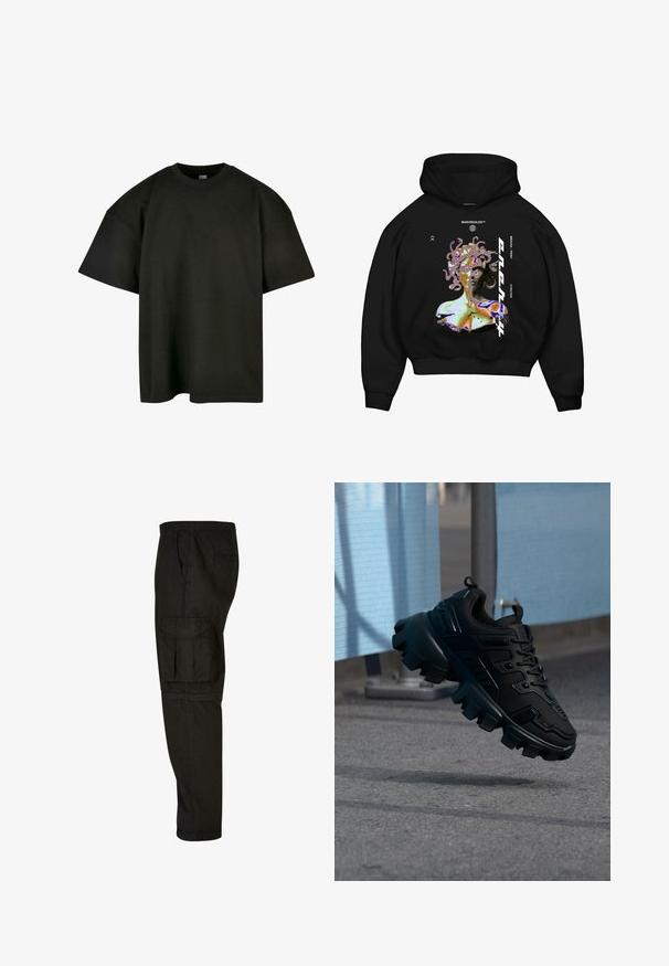 Sort hættetrøje med en flerfarvet grafik af en Medusa-lignende figur, med fremtrædende tekst og en front kangaroo-lomme.; Sort oversized t-shirt i blød bomuld. Har en rund crew neckline og korte ærmer, med en glat tekstur og minimalistisk design.; Sorte cargo bukser med afslappet pasform, elastisk talje, sidelommer og en stor cargo lomme på låret. Blødt, letvægtsstof.; Sort chunky sneaker med tyk slidbane sål, der svæver over en grå fortov mod en sløret lyseblå og grå baggrund.
