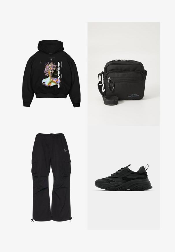 Zwarte hoodie met een multikleurige graphic van een Medusa-achtige figuur, met opvallende tekst en een voorkangoeroezak.; Zwarte cargobroek van lichtgewicht stof, met een elastische tailleband met koord, zijzakken en verstelbare manchetten.; Zwarte sportieve sneakers met een chunky zool, mesh panelen en rubberen accenten. Voorzien van een trekband aan de hak en gestructureerde patronen.; Zwarte stoffen schoudertas met twee ritscompartimenten, verstelbare riem en subtiel logo in het blauw op de voorkant.