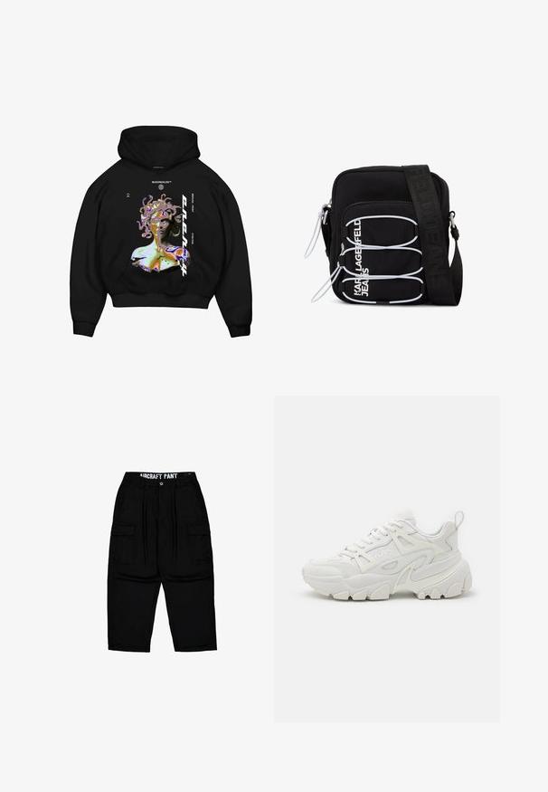Zwarte hoodie met een multikleurige graphic van een Medusa-achtige figuur, met opvallende tekst en een voorkangoeroezak.; Zwarte cargobroek met ceintuurlussen, knoop aan de voorkant, ritssluiting, zijflapzakken en de tekst "AIRCRAFT PANT" op het binnenste tailleband.; Witte sportieve sneakers met een gestructureerde bovenkant, mesh panelen, een opvallende rubberen zool en decoratieve uitsparingen aan de zijkanten.; Zwarte crossbodytas met witte elastische lussen, ritstrekken en witte tekst "KARL LAGERFELD JEANS" op het voorvak.