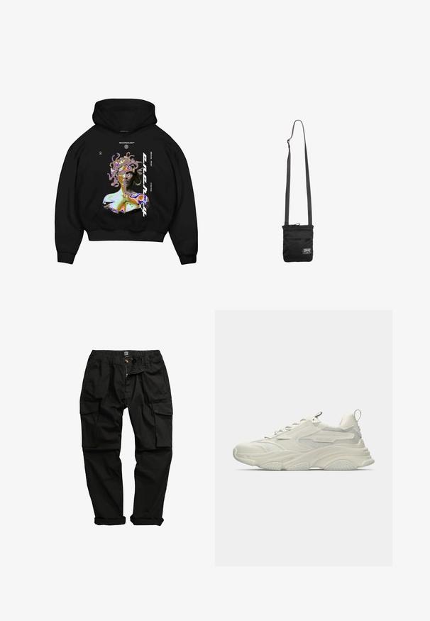 Sudadera con capucha negra que presenta un gráfico multicolor de una figura similar a Medusa, con texto destacado y un bolsillo canguro en la parte frontal.; Pantalones cargo negros fabricados en una mezcla de algodón. Presentan múltiples bolsillos, una cinturilla elástica y un diseño de pierna ligeramente ajustado.; Zapatilla blanca gruesa con detalles de malla, suela de goma texturizada y forma redondeada. Presenta una marca mínima y una lengüeta para tirar en el talón.; Bolso cruzado negro con correa ajustable y pequeña etiqueta rectangular blanca con logo en la parte inferior delantera.