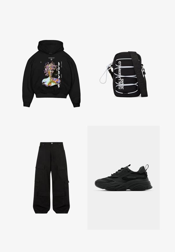 Schwarz mit Kapuze Sweatshirt featuring ein mehrfarbiges Grafik eines Medusa-ähnlichen Figur, mit hervorgehobenem Text und einer vorderen Kängurutasche.; Schwarze Cargo-Hosen aus strapazierfähiger Baumwolle mit lockerer Passform. Verfügt über mehrere Utility-Taschen und ein gerades Bein Design.; Schwarze Sportschuhe mit einer dicken Sohle, Mesh-Einsätzen und Gummidetails. Verfügen über eine Zuglasche an der Ferse und strukturierte Muster.; Schwarze Umhängetasche mit weißen elastischen Schnüren, silbernen Beschlägen und dem Aufdruck "KARL LAGERFELD JEANS" in Weiß auf der Vorderseite, mit breitem schwarzem Träger.