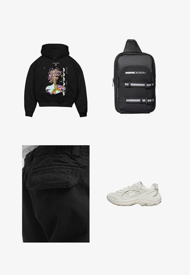 Sweatshirt à capuche noire avec un graphique multicolore représentant une figure semblable à Méduse, avec un texte bien visible et une poche kangourou à l'avant.; Poche arrière d’un pantalon noir avec rabat et coutures visibles, porté par une personne en chemise blanche.; Baskets blanches avec une tige texturée et une semelle épaisse. Elles présentent des lignes courbes, des accents gris subtils et un design à lacets.; Sac bandoulière rectangulaire noir avec logo blanc "Momo Design", poche zippée à l'avant et deux sangles réglables noires et grises à rayures avec boucles.