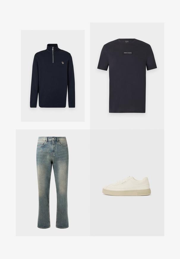 Marineblå langærmet pullover med høj krave, sølv lynlås foran og lille flerfarvet zebra-logo på venstre bryst.; Sort t-shirt med korte ærmer og rund hals, med en centreret "Armani Exchange"-patch på brystet.; Lys blå denim jeans med lige ben, mellemhøj talje og subtilt slid. Har klassisk lomme-design og kontrasterende stikninger.; Hvide kanvas sneakers med en tekstureret gummisål, der har en syet tåhætte og logoaccent på hælen. Simpel snørebåndsdesign.