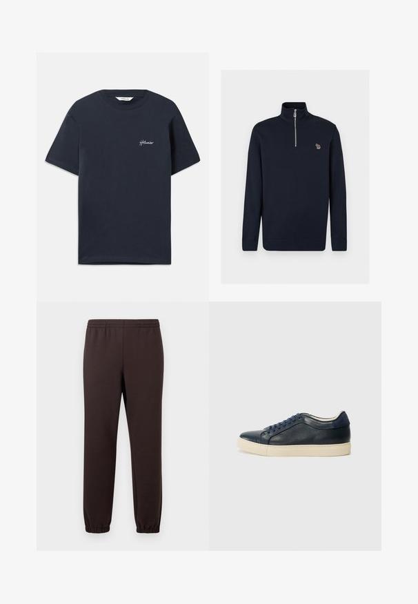 Tumesinine pikkade varrukatega pullover kõrge kraega, ees hõbedane lukuga ja vasakul rinnal väike mitmevärviline sebra logo.; Tume sinine puuvillane T-särk lühikeste varrukatega. Vasakul rinnal on valge tikandiga brändi logo. Klassikaline ümmargune kaelus.; Tumespruunid dressipüksid, millel on elastne vöökoht ja mansetid, sirge lõige, esitatud ühtlasel heledal taustal.; Tumedat sinised nahast spordijalatsid kreemja kummitaldiga, siniste paeltega ja siledast tekstuurist. Ümar varvas ja minimalistlik disain.