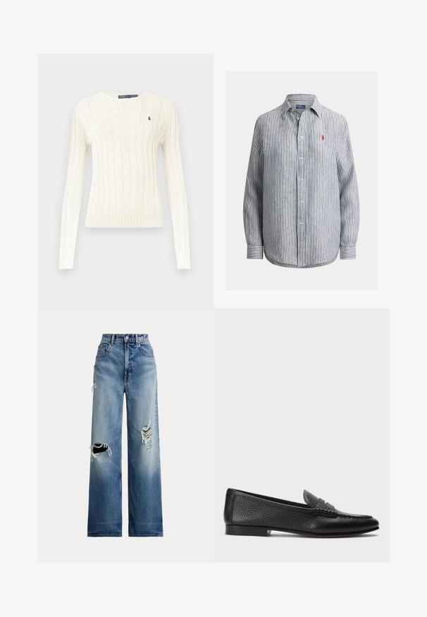 Hvid strikket sweater med kabelmønster, lange ærmer, rund hals og ribkant. Har et lille marineblåt logo på brystet.; Langærmet, knap-til skjorte med lodrette marineblå og hvide striber, klassisk krave og lille rødt broderet logo på brystet.; Bredbenede blå denimjeans med slidte revner ved knæene, med høj talje, knaplukning og klassisk design med fem lommer.; Sorte læder loafers med struktureret finish, der har en dekorativ rem og flad hæl. Slank, minimalistisk design med rund tå.